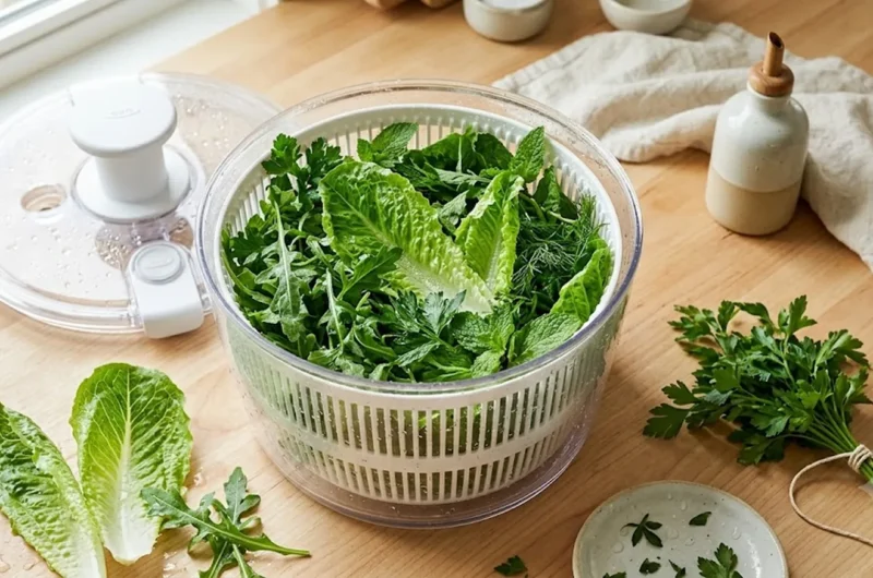 Clear salad spinner filled with freshly washed green lettuce and herbs on a light wood countertop