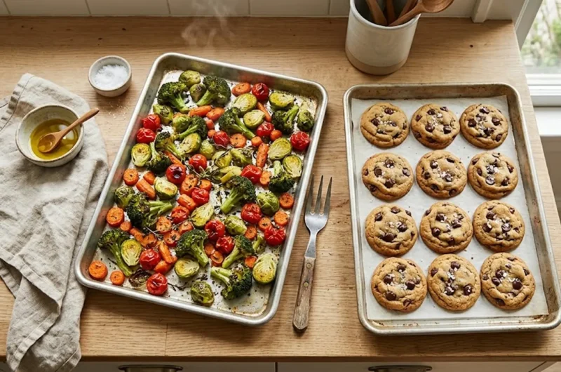 Two aluminum half sheet pans with roasted vegetables and golden cookies on a wooden countertop
