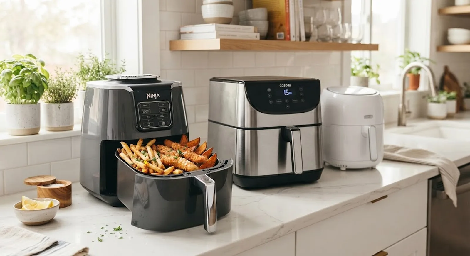 A row of different air fryers of varying sizes on a kitchen counter