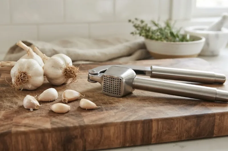 Stainless steel garlic press on a wooden cutting board with garlic bulbs and cloves