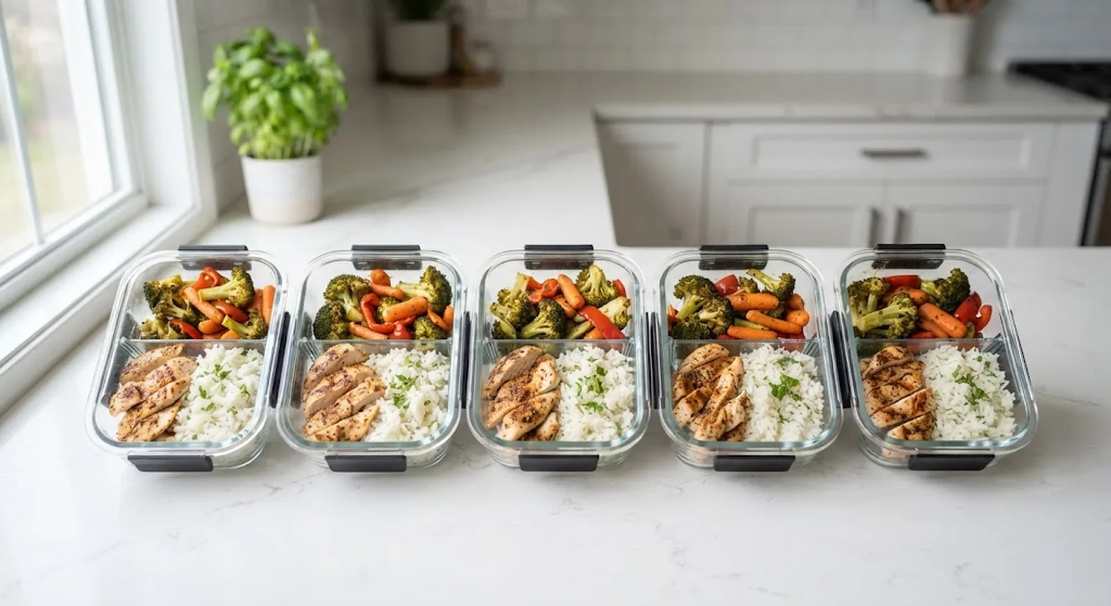 Five portioned glass meal-prep containers arranged in a grid on a kitchen counter