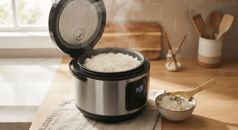 Digital rice cooker with lid open showing fluffy cooked rice and steam