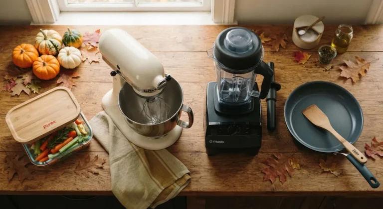 Kitchen essentials including a blender, pan, stand mixer, and storage container with autumn accents