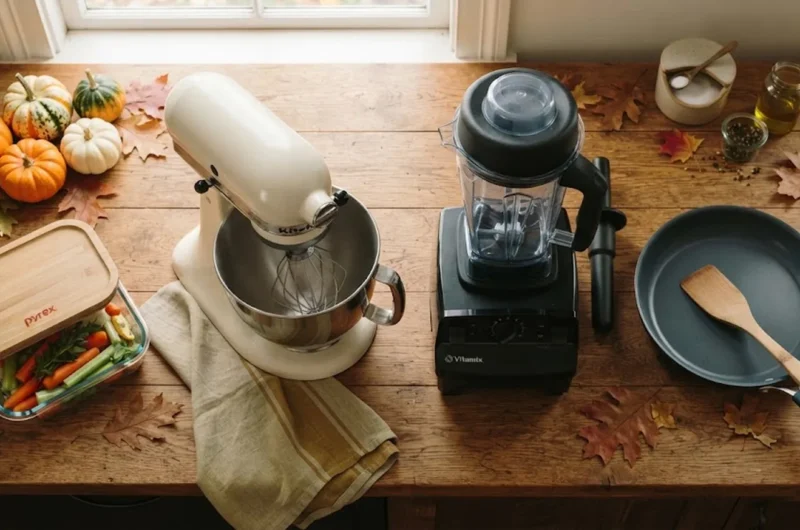 Kitchen essentials including a blender, pan, stand mixer, and storage container with autumn accents