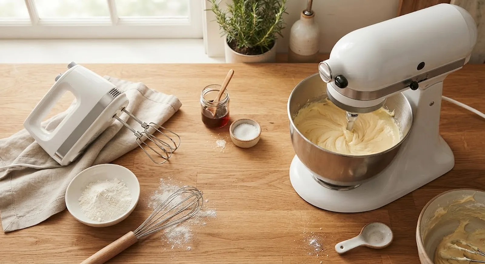 A hand mixer and a stand mixer side by side on a kitchen counter, comparing the two types of mixers