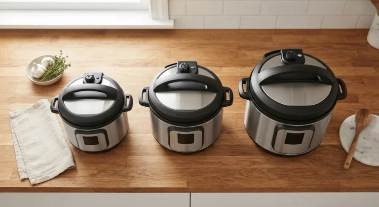 Three electric multi-cookers in ascending sizes on a kitchen counter, illustrating small, medium, and large Instant Pot size options