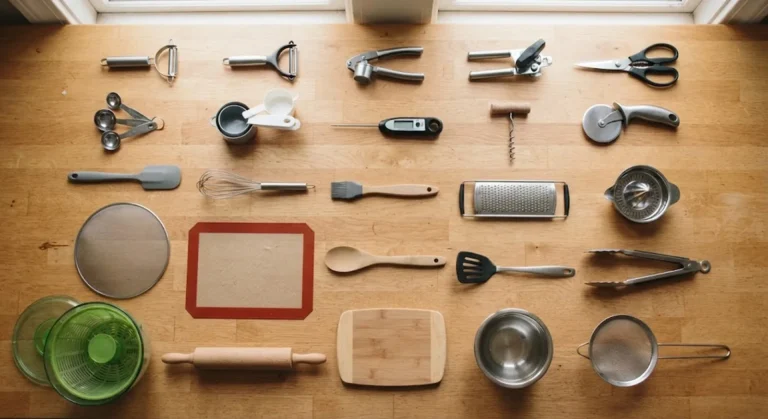 Flat lay of 25 affordable kitchen gadgets and tools arranged on a countertop