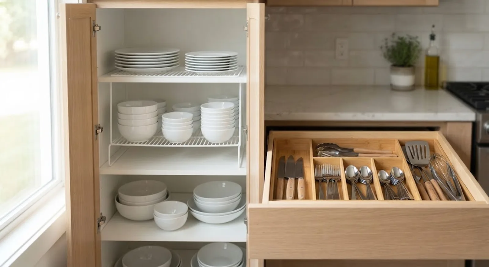 Organized kitchen cabinet with shelf risers and a drawer with bamboo dividers