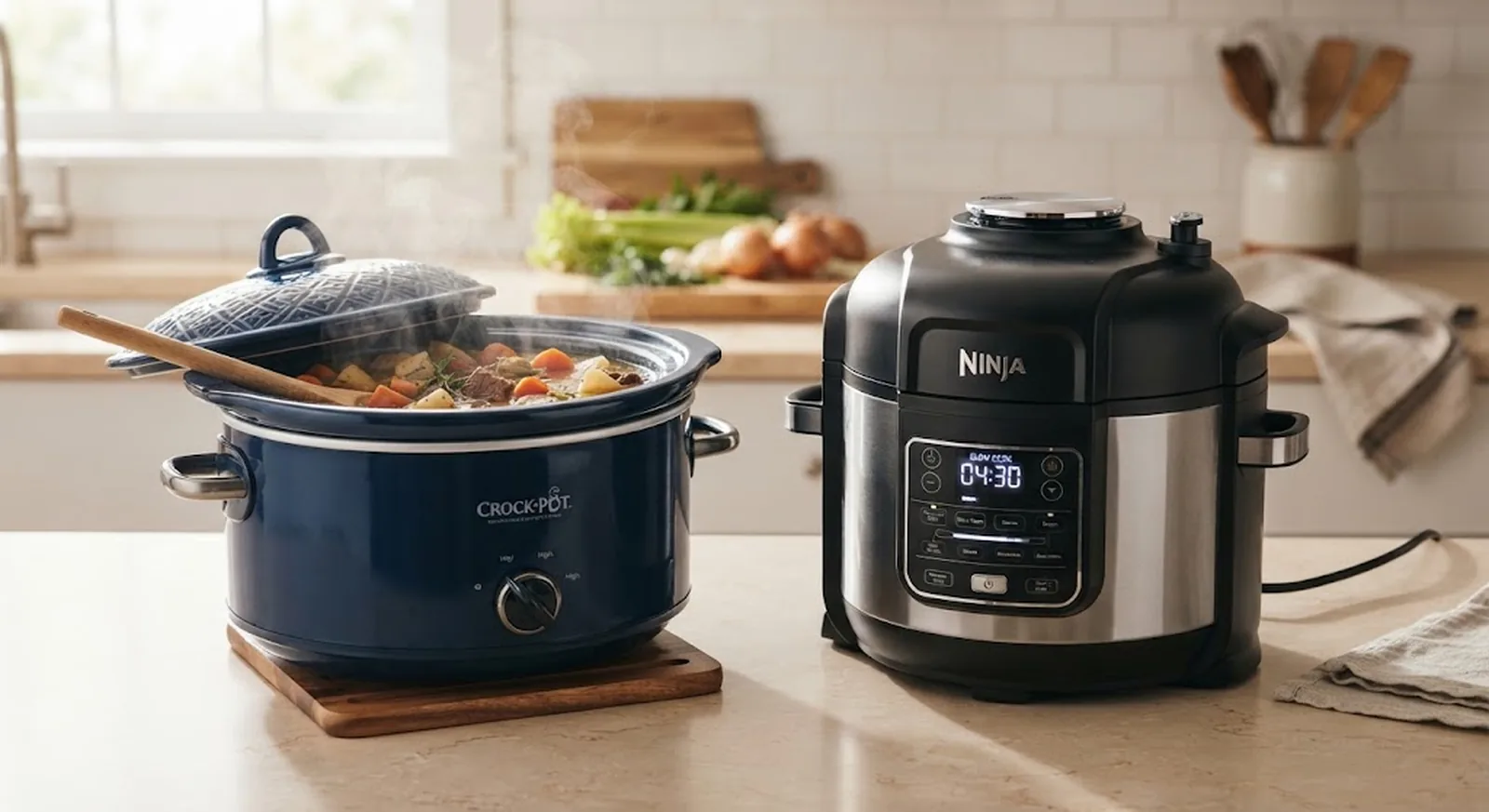 A ceramic slow cooker and a modern electric multi-cooker side by side on a kitchen counter