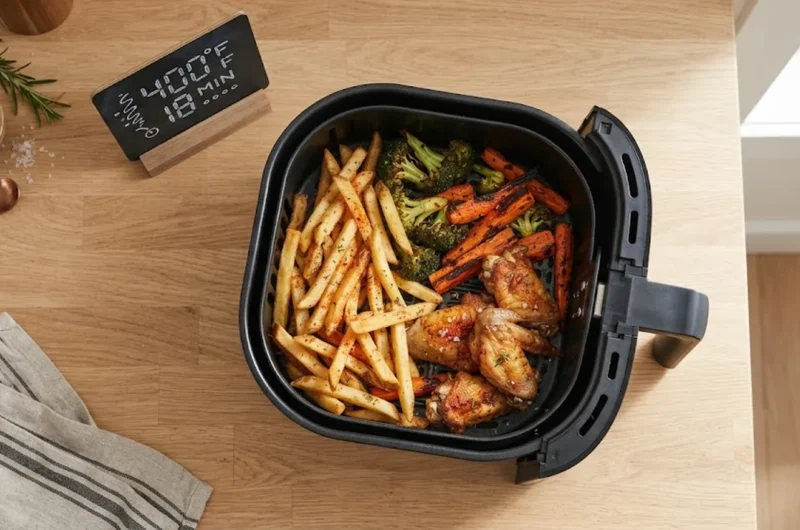 Air fryer basket with fries, vegetables, and chicken wings, illustrating an air fryer temperature and time guide