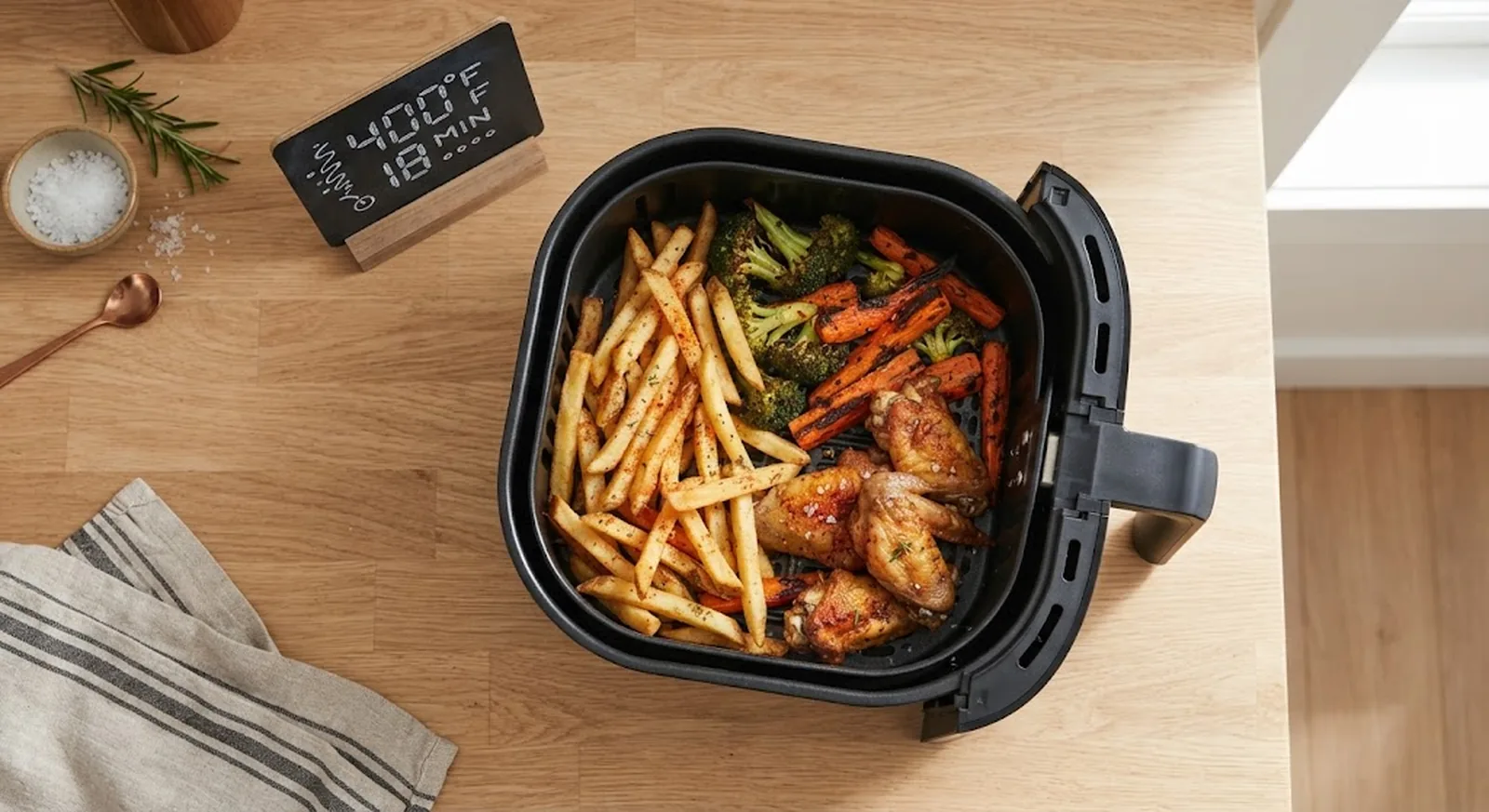 Air fryer basket with fries, vegetables, and chicken wings, illustrating an air fryer temperature and time guide