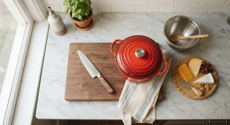 Kitchen gift items for home cooks styled on a counter: chef's knife, Dutch oven, cheese board, mixing bowl