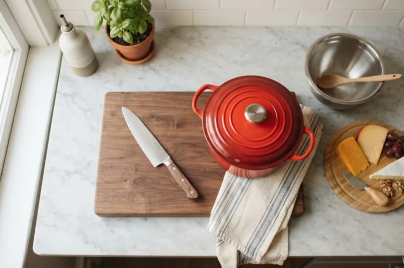 Kitchen gift items for home cooks styled on a counter: chef's knife, Dutch oven, cheese board, mixing bowl