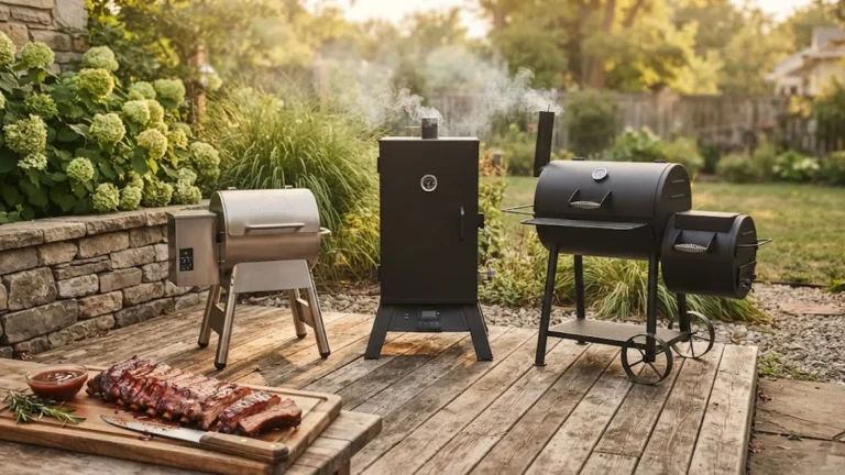 Pellet, electric, and offset smokers for beginners side by side on a backyard patio