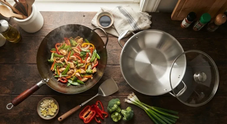 Carbon steel wok and stainless steel wok compared side by side on a kitchen counter