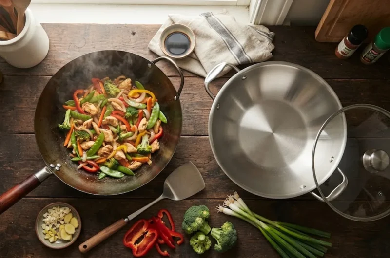 Carbon steel wok and stainless steel wok compared side by side on a kitchen counter