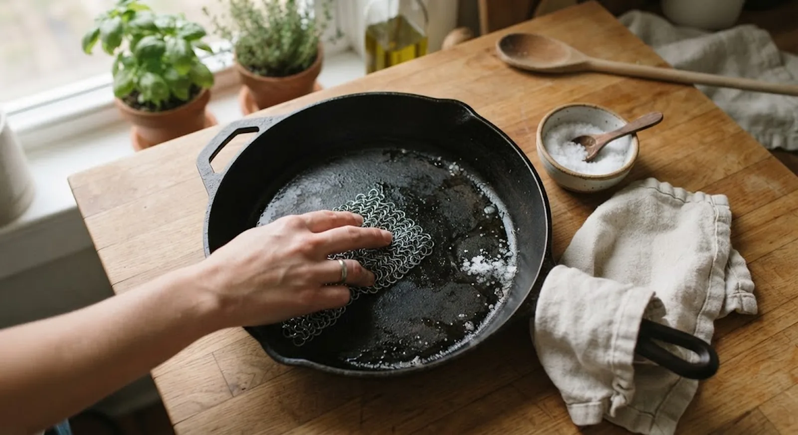 Cast iron skillet being cleaned with a chainmail scrubber to protect the seasoning