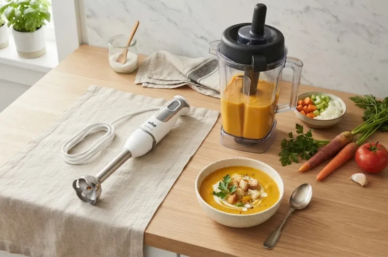 Immersion hand blender and countertop blender side by side on a kitchen counter