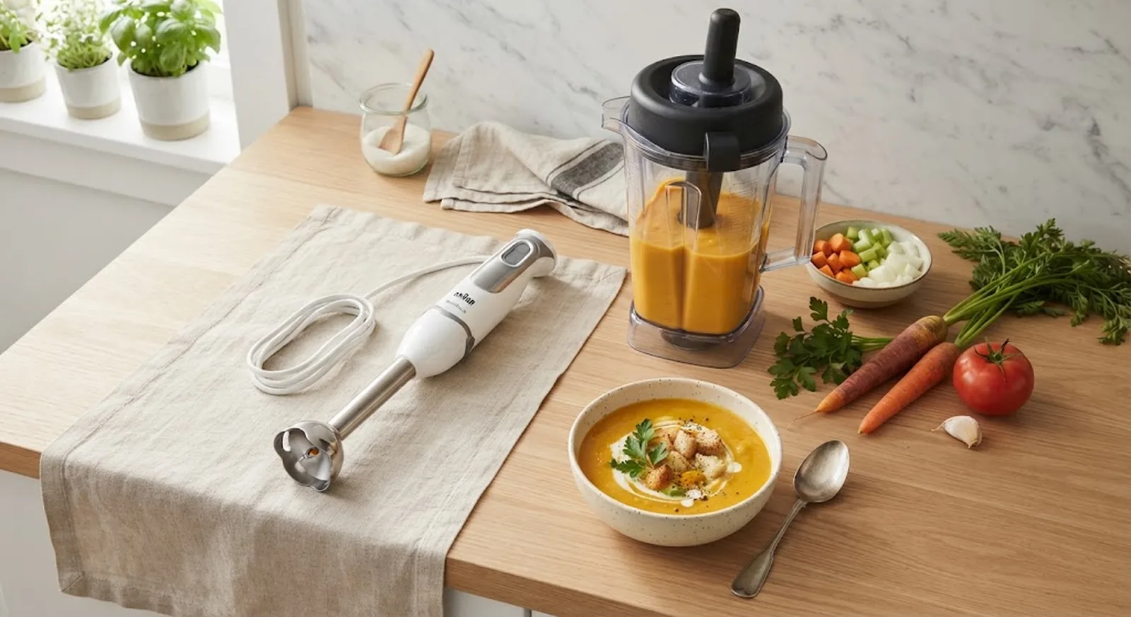 Immersion hand blender and countertop blender side by side on a kitchen counter