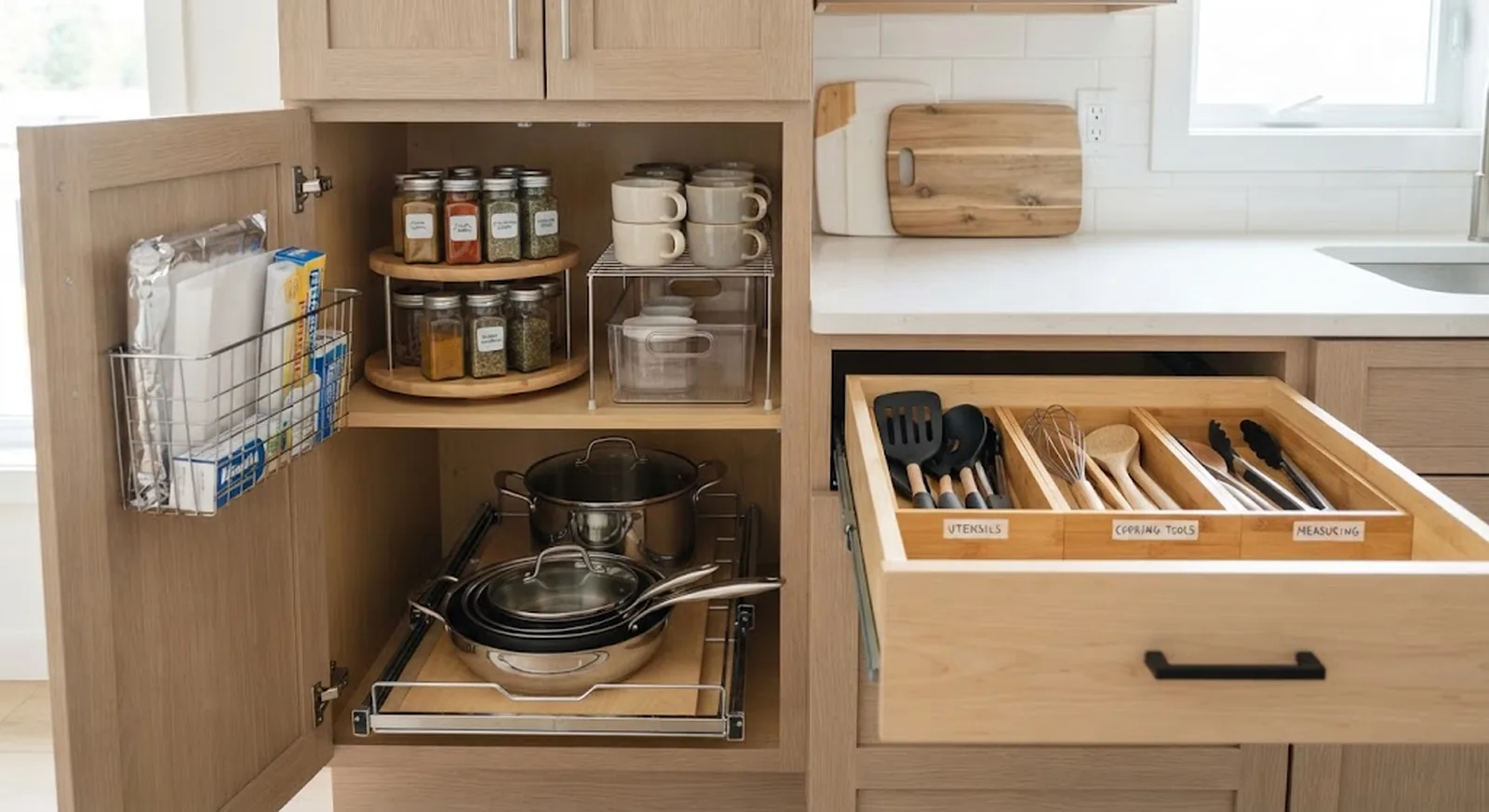 Organized kitchen cabinet with budget storage solutions including a lazy Susan, shelf riser, and pull-out shelf