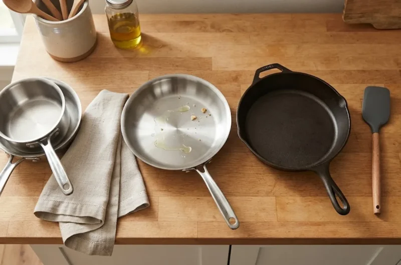 Stainless steel and cast iron pans on a kitchen counter with a silicone spatula and a towel folded between stacked pans