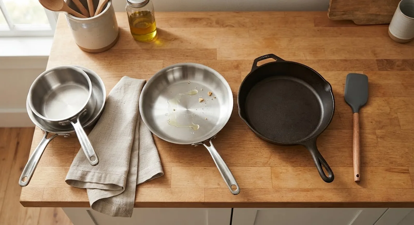 Stainless steel and cast iron pans on a kitchen counter with a silicone spatula and a towel folded between stacked pans